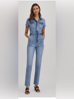 Good American Light Blue High-Waist Straight Leg Denim Jumpsuit